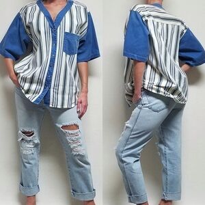 VINTAGE 1990s Penny Lane Multi-color Striped Colorblock V-neck Denim Shirt Med